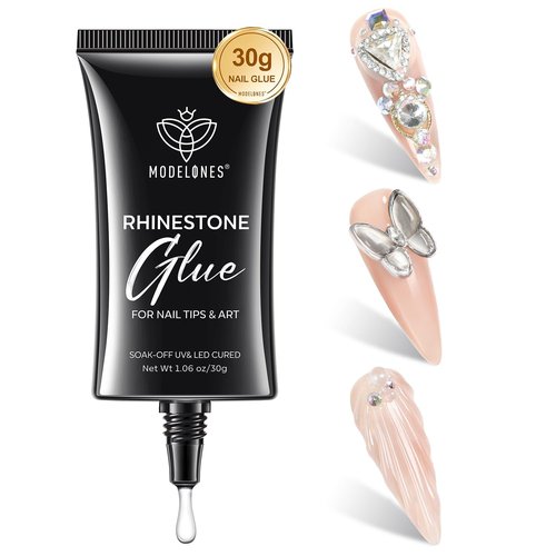 Modelones 4-in-1 Rhinestone Glue - Super Strong for Press On Nails, Gems, Charms & Rhinestones, No Wipe Nail Art Glue, 30g Cured Needed