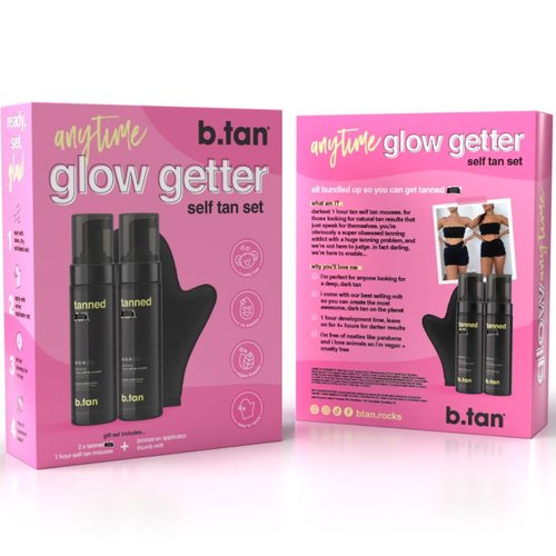 b.tan Dark Self Tanner Gift Box - Anytime Glow Getter Bundle | 2 Pack Sunless Tanning Mousse & Mitt