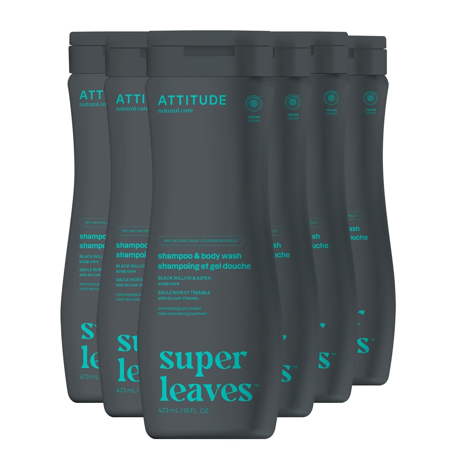 ATTITUDE 2in1 Shampoo & Body Wash - EWG Verified, Vegan Formula with Black Willow & Aspen | 16 Fl Oz (Pack of 6)