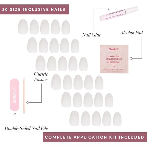 Glamnetic Press On Nails - White Swan | Opaque Classic Off White Short Oval Fake Nails, Salon Quality | 15 Sizes - 30 Nail Kit with Glue