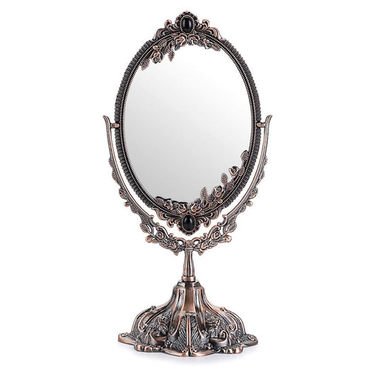 JUXYES Metal Tabletop Antique Decorative Makeup Mirror with Stand, Vintage Swivel Double Sided Cosmetic Mirror with Frame, Retro Desktop Oval Dressing Mirror for Bathroom Bedroom