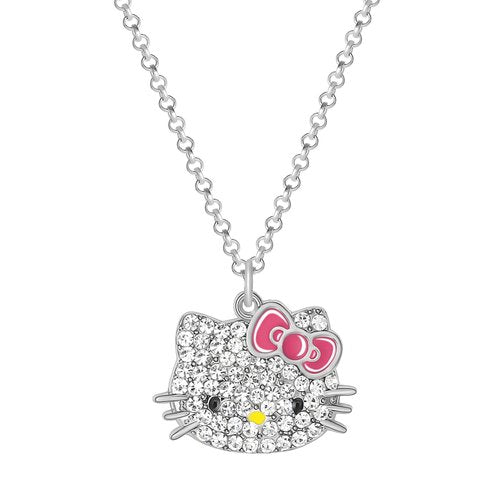 Hello Kitty Sanrio Pave Crystal Pendant Necklace for Women Official License, 16"+3" Sparkly Necklace with Enamel Plating