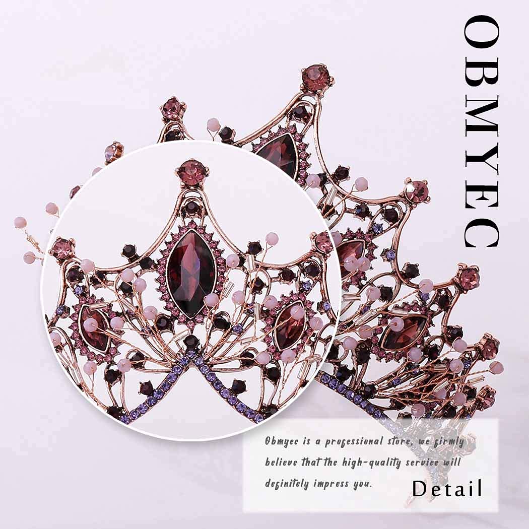 Obmyec Crystal Baroque Crown Rhinestone Purple Tiaras Earring Headpieces Halloween Hair Accessories Party Bridal Head Crowns for Women