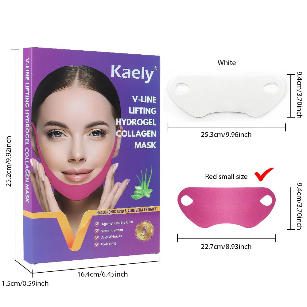 Kaely 8Pcs V Line Lifting Mask,Double Chin Mask,Chin Strap for Double Chin for Women,Face Lift Mask with Collagen,Hydrating Anti-aging,Red-Small Size
