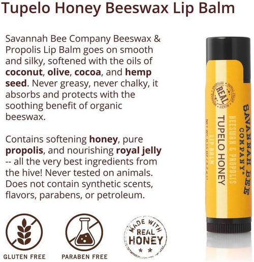 Savannah Bee Company Beeswax Lip Balm - Natural Tupelo Honey, 0.15-Ounce (Pack of 4)