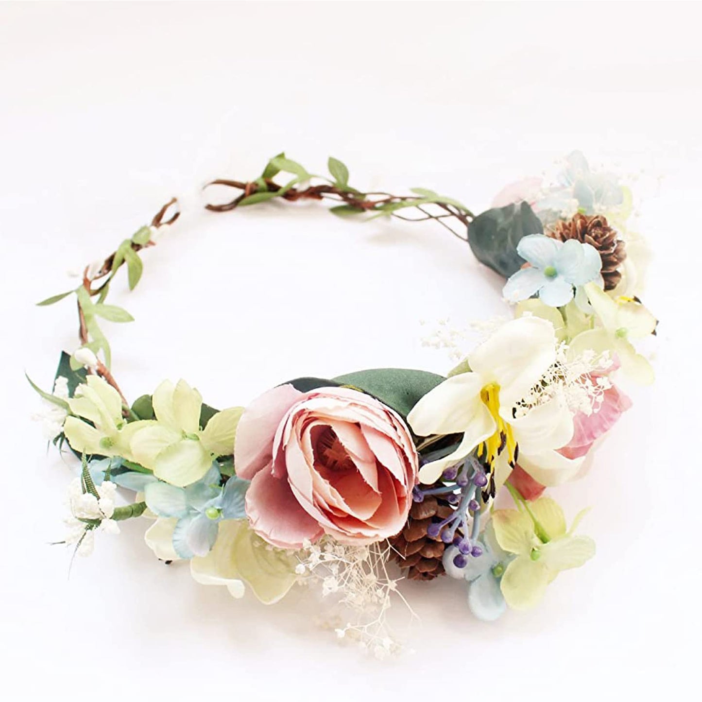 YnimioAOX Handmade Adjustable Flower Wreath Headband Halo Floral Crown Garland Headpiece,A18-pink/light green