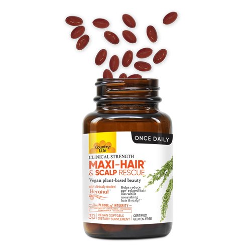 Country Life Maxi-Hair & Scalp Rescue - Clinical Strength Plant-Based Formula, 30 Gluten-Free Softgels