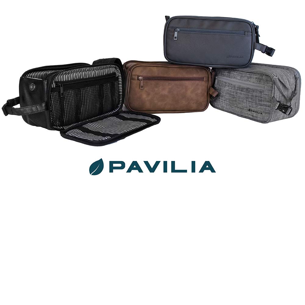 PAVILIA Toiletry Bag for Men, Travel Essentials Shaving Dopp Kit, Mens Travel Bag Toiletries Organizer Case for Grooming, PU Leather Water Resistant Cosmetic Bag Pouch (Heather Grey)