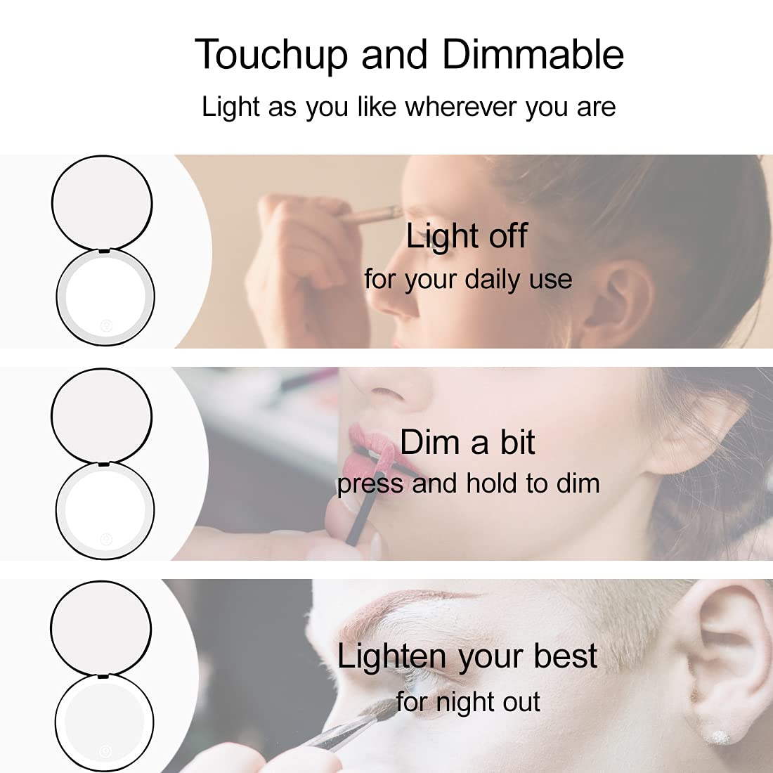 Milishow Compact Mirror with LED Light,1x/10x Magnifying Rechargeable Mirror,3.5in, Dimmable Travel Mirror for Purse,Pocket,Handheld 2-Sided Makeup Mirror