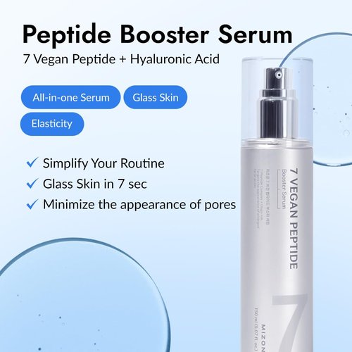 MIZON 7 Vegan Peptide Booster Serum Korean Anti-Aging Face Serum with Niacinamide & Hyaluronic Acid Hydrating Firming & Smoothing Skincare for Fine Lines & Skin Repair – 5.07 fl oz