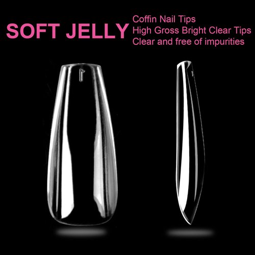 UNA GELLA Long Coffin Nail Tips 504pcs Clear Long Gel Nail Tips Coffin Pre-shaped Full Cover Fake Nails Acrylic False Press on Nails For Nail Extension DIY Salon Soft Gel Tips 12 Sizes