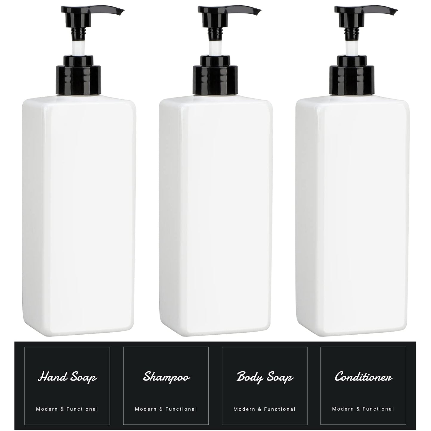 Suream 3Pack Empty Plastic Bottles with Pump, 16.9oz Refillable Shampoo Bottles for Shower, Lotion Press Dispenser, White Countertop Container for Shampoo, Conditioner, Body Soap, Hand Sanitizer, Oil