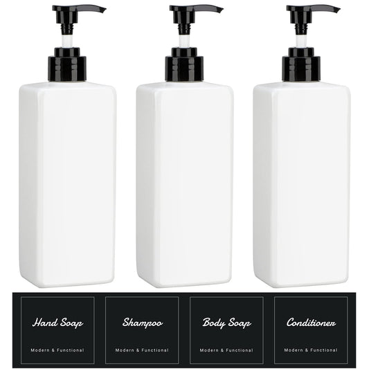 Suream 3Pack Empty Plastic Bottles with Pump, 16.9oz Refillable Shampoo Bottles for Shower, Lotion Press Dispenser, White Countertop Container for Shampoo, Conditioner, Body Soap, Hand Sanitizer, Oil