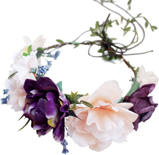 YnimioAOX Handmade Adjustable Flower Wreath Headband Halo Floral Crown Garland Headpiece,D11-purple/light pink