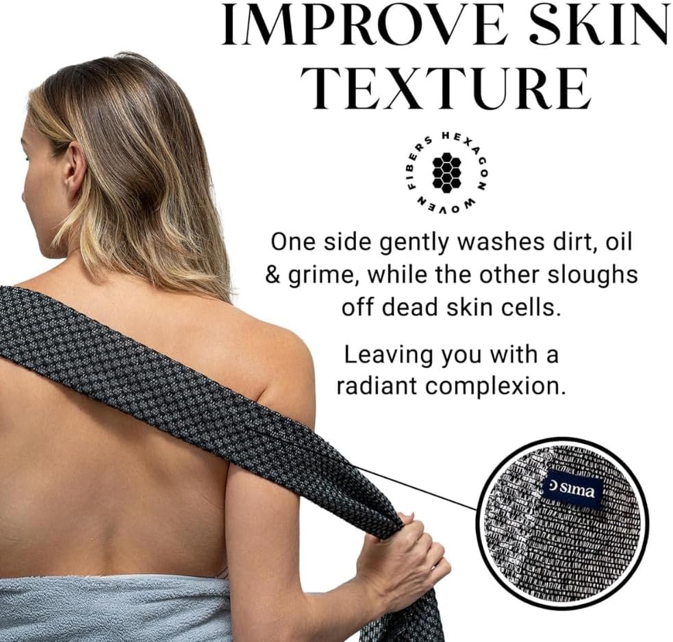 Sima Exfoliating Washcloth - Japanese Hexagon Fiber Body Scrubber Towel, Extra Long Dual-Sided (Black)
