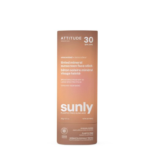 ATTITUDE Tinted Mineral Sunscreen Face Stick - SPF 30, EWG Verified, Plastic-Free, Vegan, 0.7 Ounce