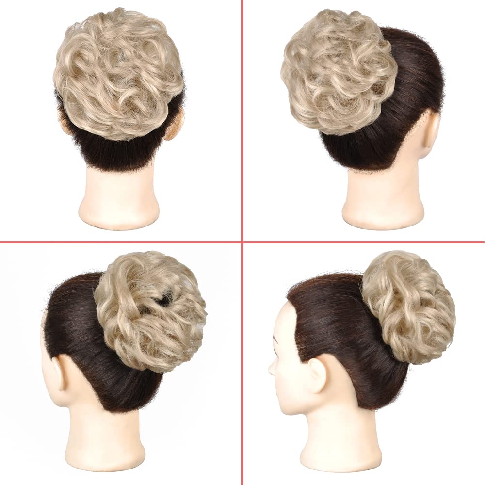 KETHBE Messy Bun Hair Piece Tousled Updo Hair Buns Extension Elastic Hair Band Hair Pieces Curly Hair Bun Scrunchie For Women (2PCS,Pale Golden Blonde Mix Blonde)