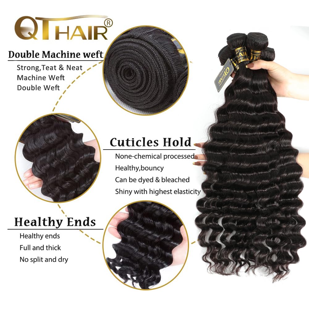 QTHAIR 14A Loose Deep Wave 4 Bundles Peruvian Virgin Hair 24 22 20 18inch Deep Wave Human Hair Bundles 100% Unprocessed Deeep Wave Bundles Natural Black Color Double Weft for Black Women