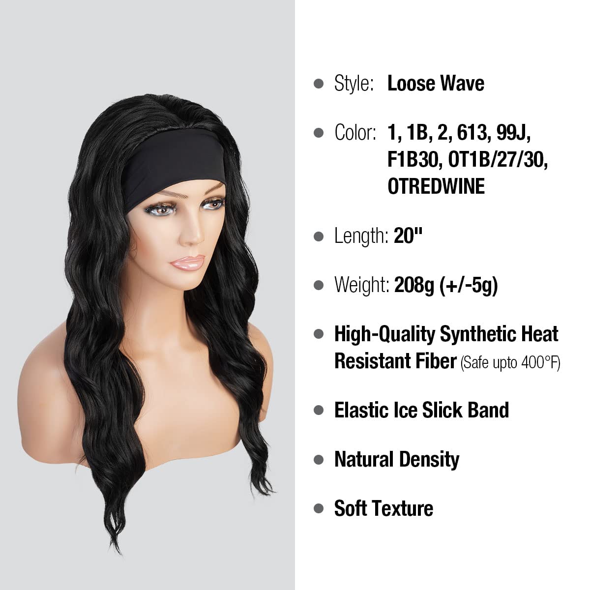 STUDIOCUT BY PROS Headband Wig 20 Inch Loose Wave Quick Wrap Headband Wig Long Wavy Curly Wigs for Black Women High Heat Resistant Synthetic Wigs HBW004 (20 Inch (Pack of 1), 1 (Jet Black))