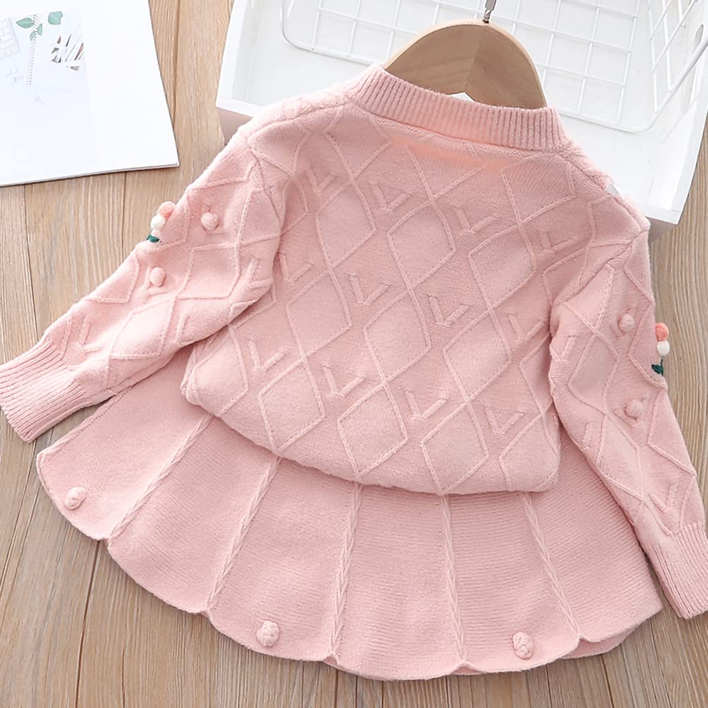 Toddler Baby Girls Autumn Winter Fall Clothes Knit Long Sleeve Ruffle Sweater Top+Pleated Mini Tutu Skirt 2pcs Outfit for Kids Princess Casual Playwear Homewear Clothing Set Pink-Ball 18-24 Months