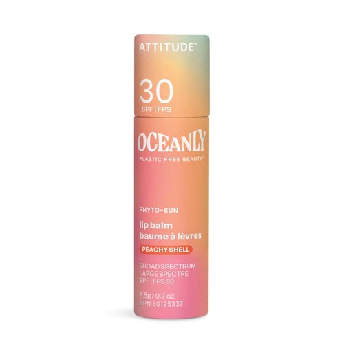 ATTITUDE Oceanly Tinted Lip Balm - SPF 30, EWG Verified, Vegan & Unscented, Peachy Shell, 0.3 Oz