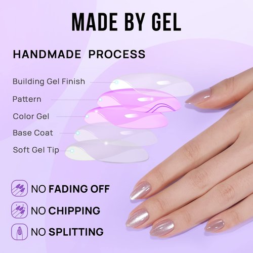 BTArtbox Press On Nails Almond - Short Soft Gel Fake Nails with Nail Glue, Opaque Reusable Stick On Nails in 16 Sizes - 32 Nail Kit, Falling Star Cat Eye