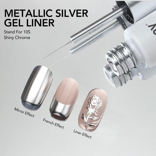GAOY Metallic Silver Gel Nail Polish Art Liner, 8ml 3D Mirror Chrome Effect Color Nail Paint Design with Thin Brush, UV Light Cure for DIY Manicure at Home