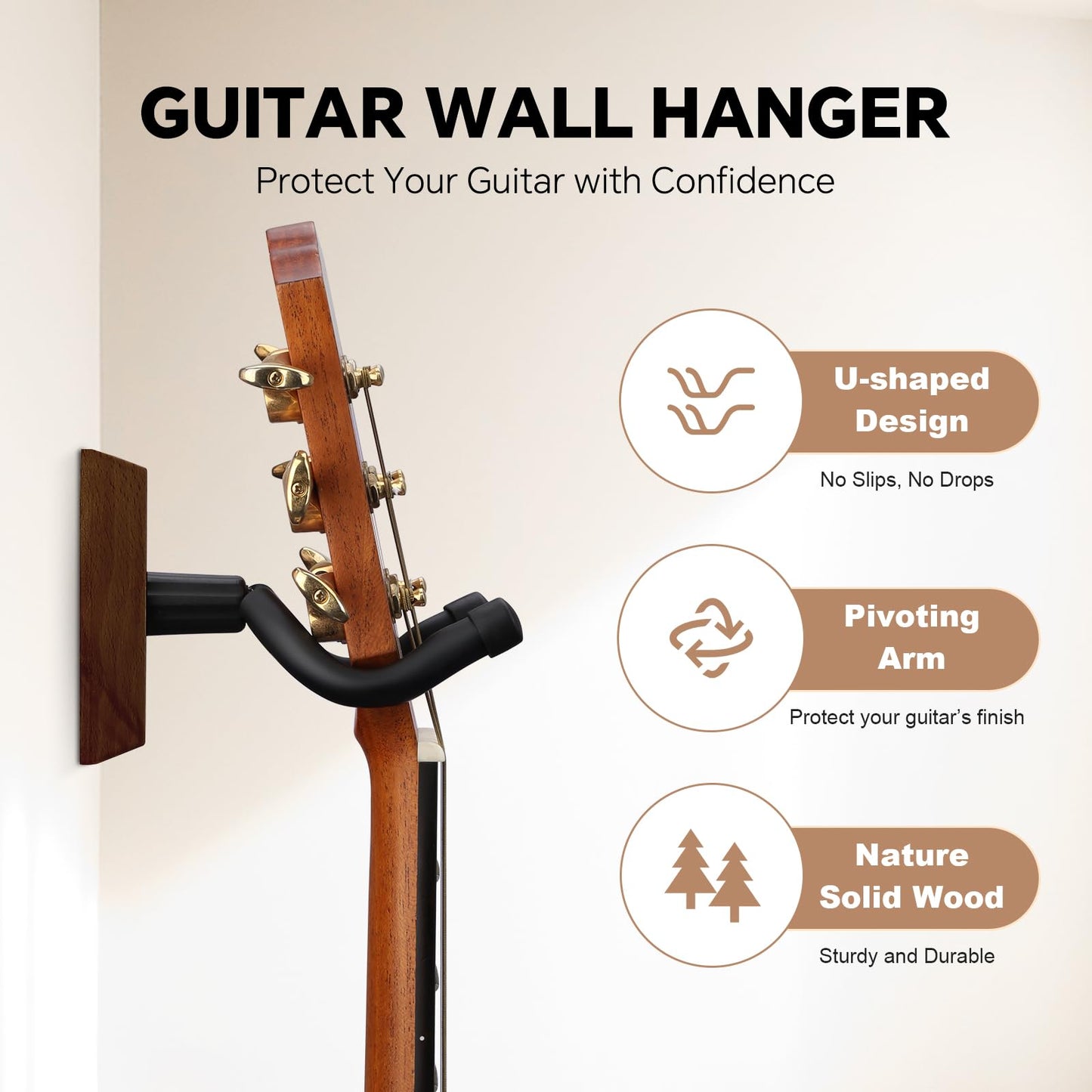 Bandpop Guitar Wall Mount - Solid Beech Wood Guitar Hanger with 5pcs Picks for Acoustic, Electric, Bass, Banjo, Mandolin
