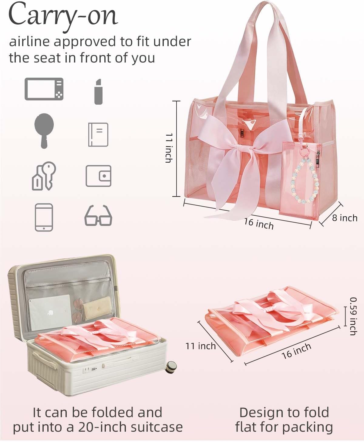 Skiennix Jelly Tote Bag - Large Pink Beach Bag with Bow | Waterproof & Stylish Design