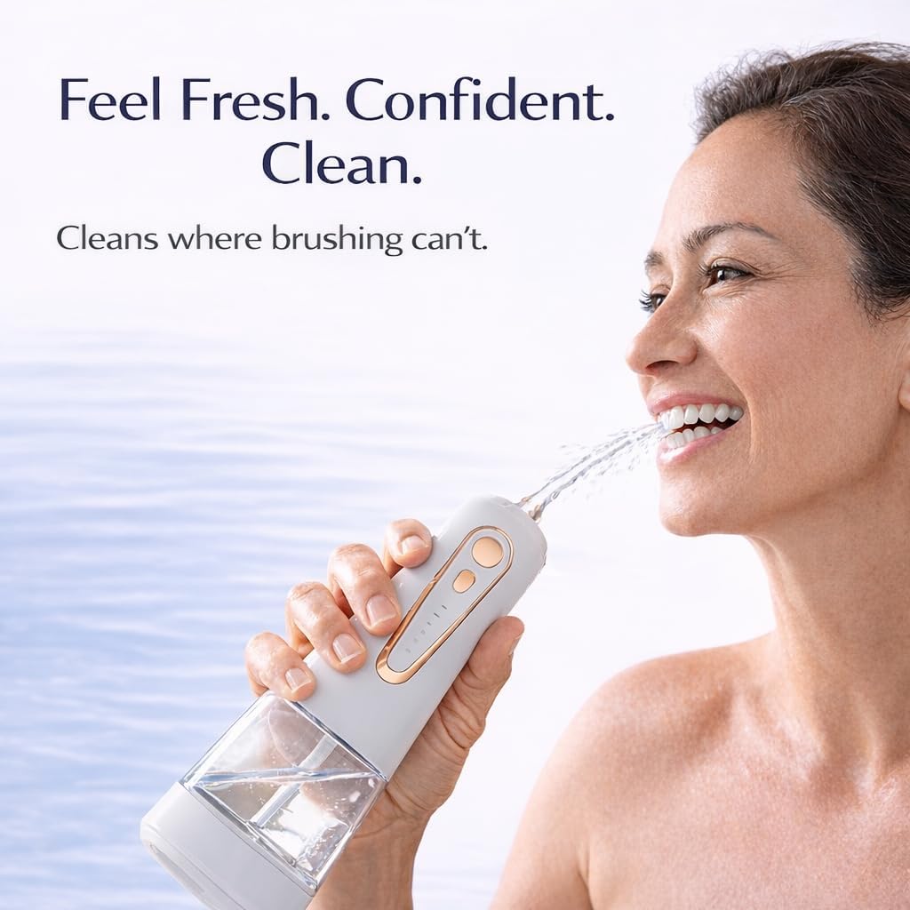 SparkLux Cordless Water Flosser - Portable Oral Irrigator with 5 Pressure Modes, 340ml Tank, USB-C Rechargeable, Waterproof | Ideal for Braces & Gum Care (White/Rose Gold)