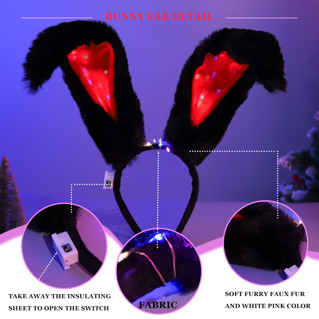 Uranian Light Up Bunny Ears Headbands Black Rabbit Ears Hair Band Led Bunny Headband Flashing Furry Ears Headwear Cosplay Party Costume Hair Accessories for Women and Girls