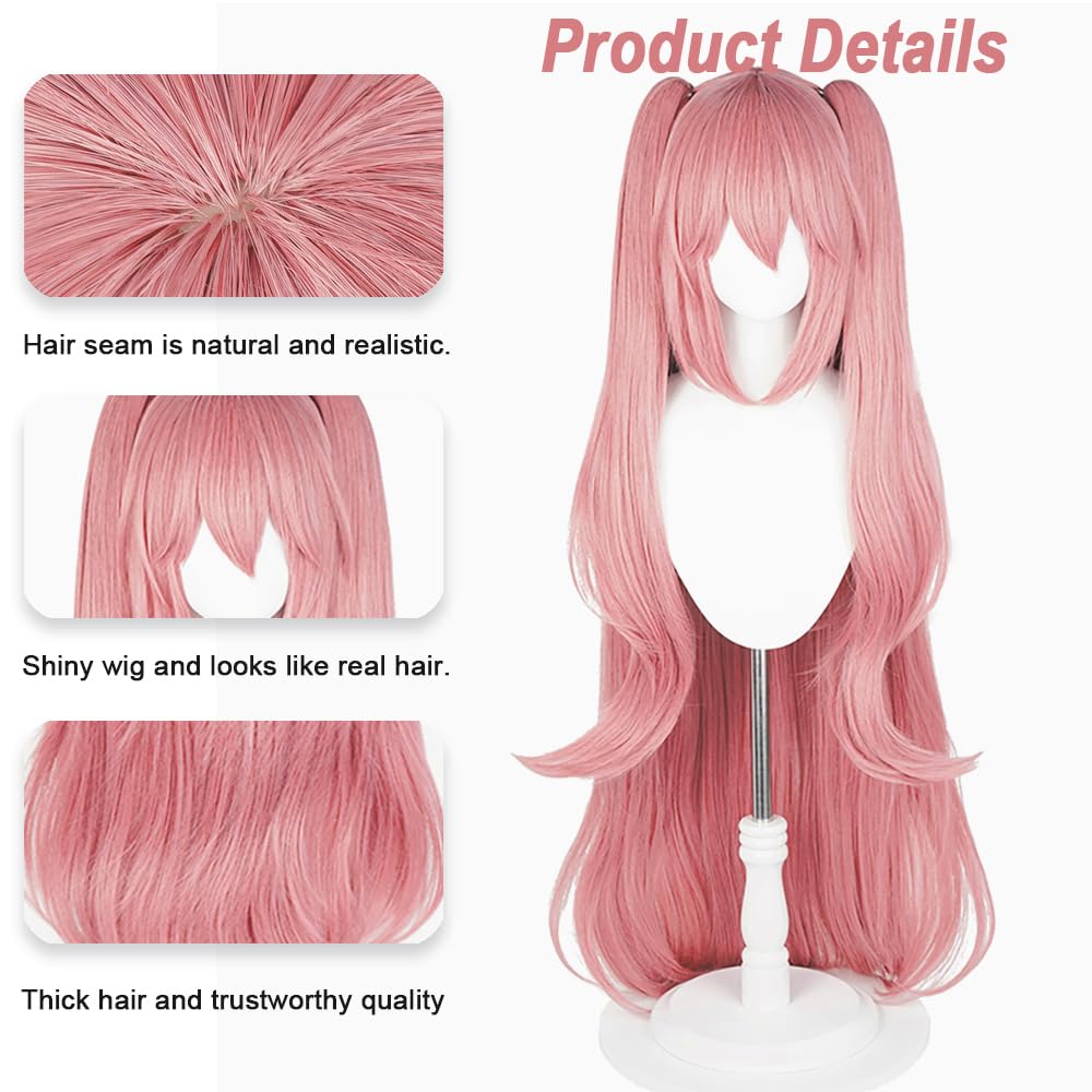 SEISAIDO Long Pink Wig + Headwear Anime Cospaly Wig with Two Ponytails for Halloween Christmas Party