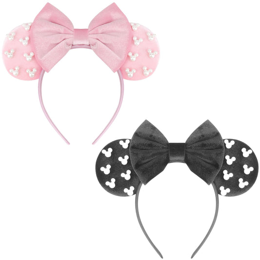 DRESHOW Mouse Ears Headbands for Women Girls Pearl Hairbands Bow Head bands Velvet Head band Christmas Cosplay Costume Princess Party Decorations Halloween & Disney Trip