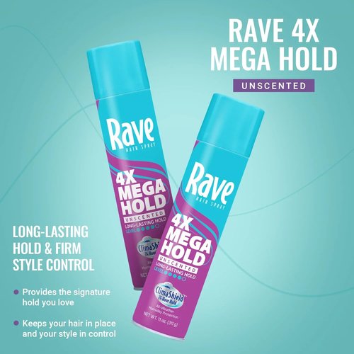 Rave 4X Mega Unscented Aerosol Hairspray - 24-Hour Hold for High Humidity - Vitamin-Enhanced Volume - 2 Pack