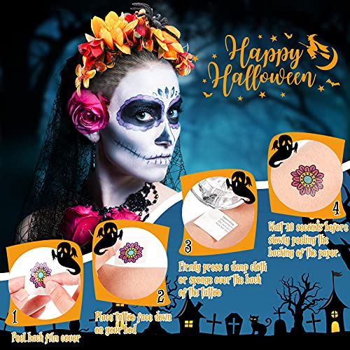 Day of The Dead Headband Halloween Mexican Veil Spider Headband with Halloween Face Tattoo Temporary Face Sticker (Bright Style)