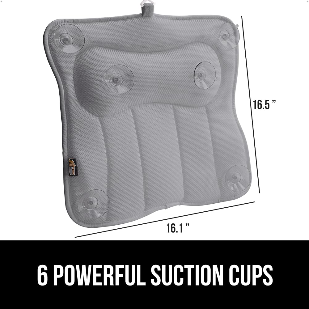 GORILLA GRIP Mesh Bath Pillow for Tub, 6 Powerful Suction Cups, Oversized Headrest with Breathable FlexComfort Technology for Neck, Head, Back Support, Luxury Machine Washable Bathtub Must Haves, Gray