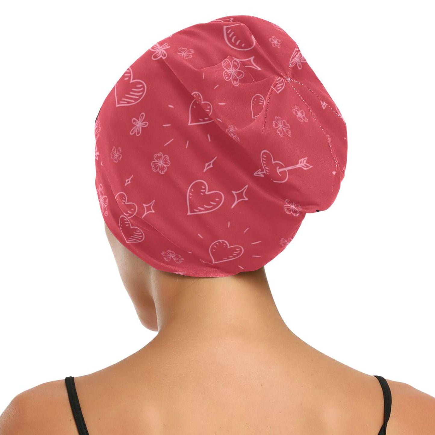 ElliTarr Beanie Hat Satin Bonnet Lined Sleep Cap Hair Wrap Cover Slouchy Beanie for Curly Hair Protection for Gifts for Men Women Valentines Day Heart Floral Red