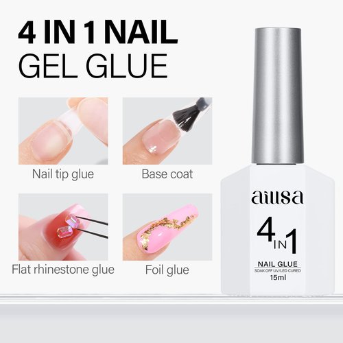 AILLSA 4 in 1 Nail Glue Gel for Acrylic Nail Tips, 15ML UV Nail Glue Long Lasting Brush On Nail Glues for Clear Fake Nail Tips and Rhinestone Pearl Foil, Lamp Curing Needed