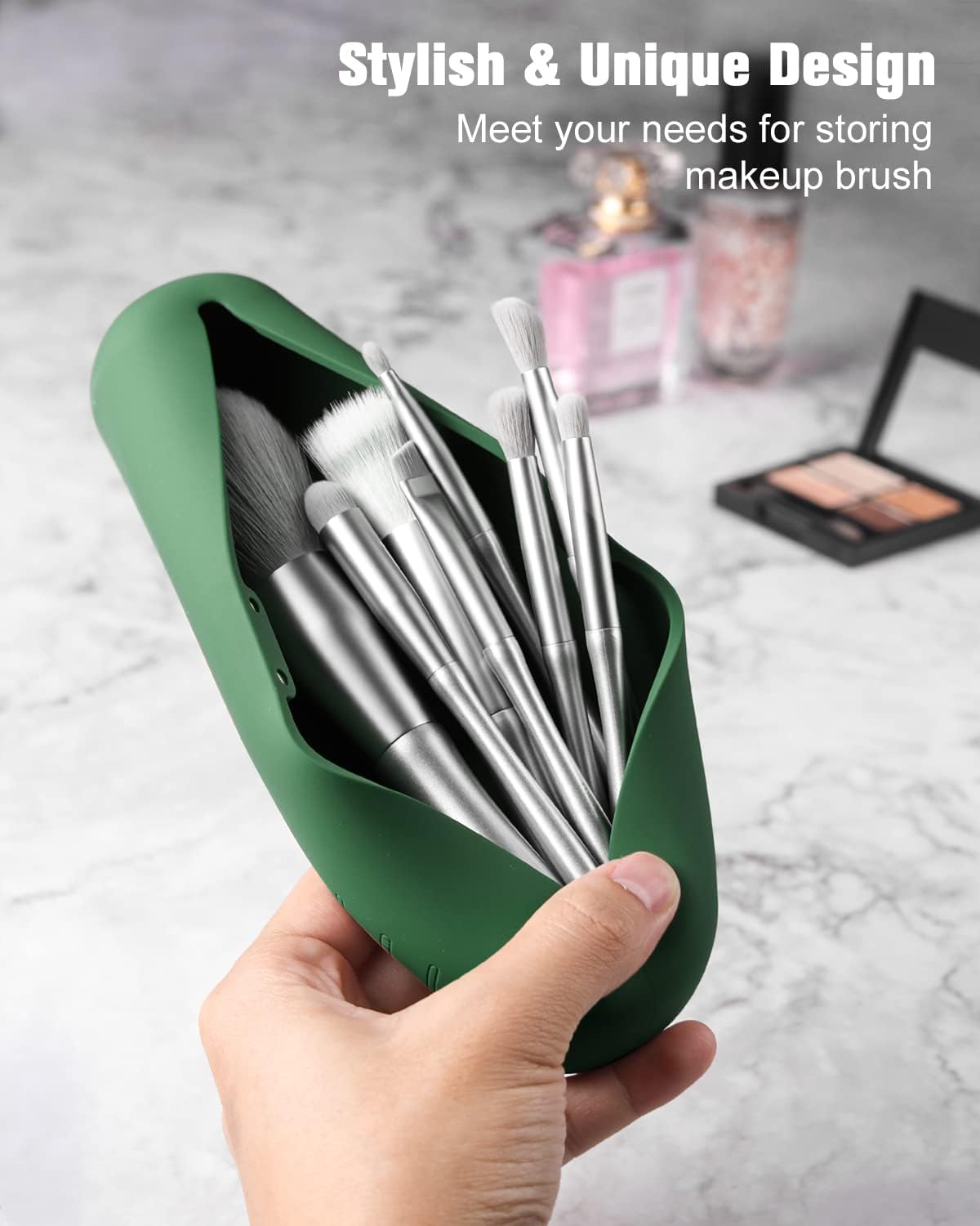 FERYES Makeup Brush Holder, Magnetic Anti-fall Out Silicon Portable Cosmetic Face Brushes Holder, Soft and Sleek Makeup Tools Organizer for Travel- Green