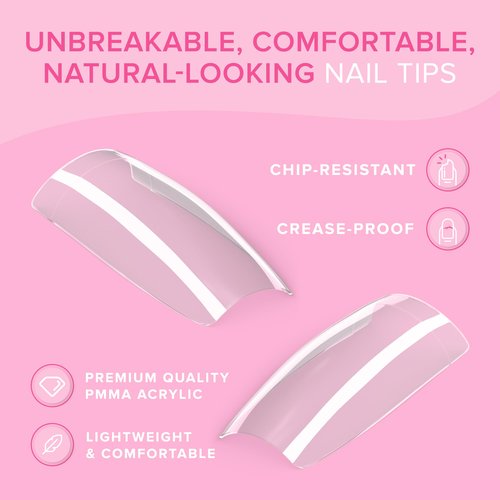Crease-Proof, Shatter-Resistant Coffin Nail Tips (500 PCS - 10 Sizes) NYK1 Clear Nail Tips For All Gels And Acrylic Nails Extensions - Easy Blend, No C Curve & Easy-to-Trim For Custom Fit