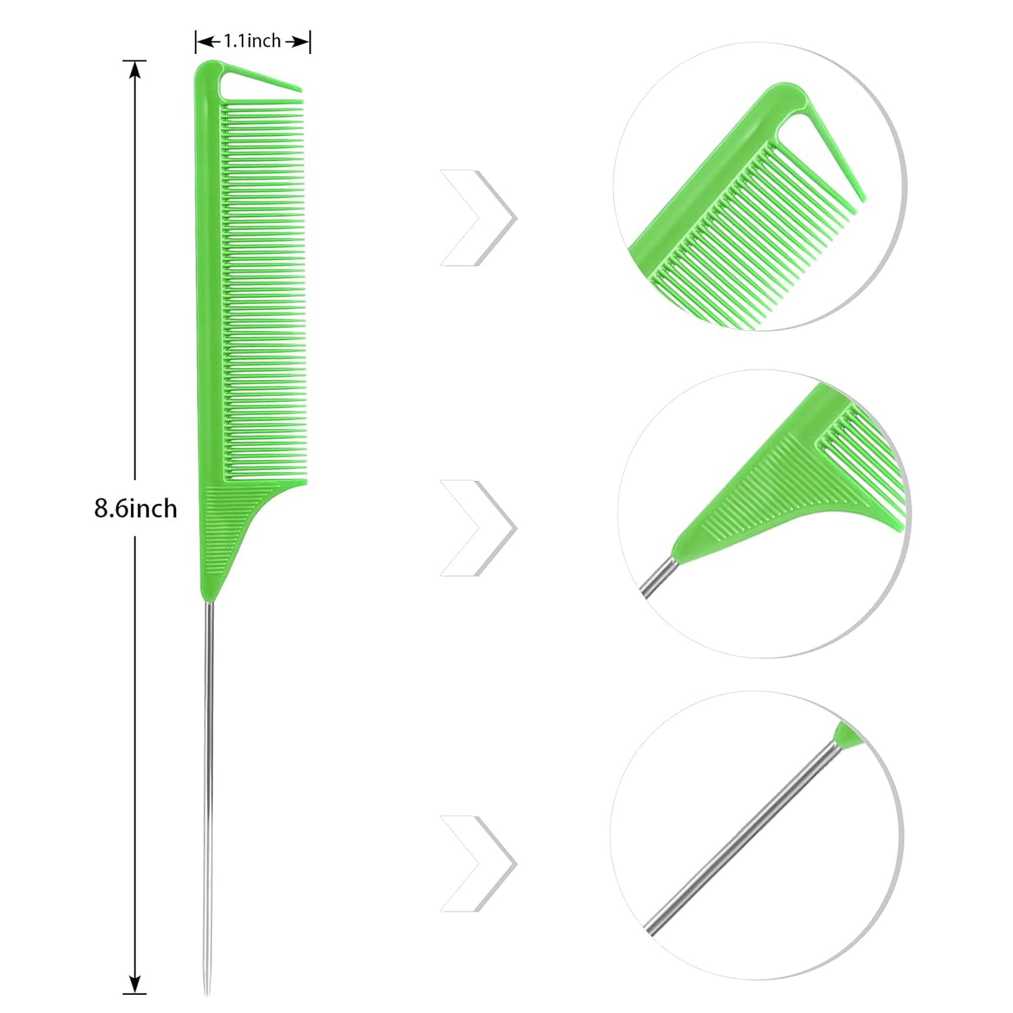 Rat Tail Combs Set: 3-Pack Teasing Styling Combs with Long Steel Pins for Women, Parting Combs for All Hair Types (Black)