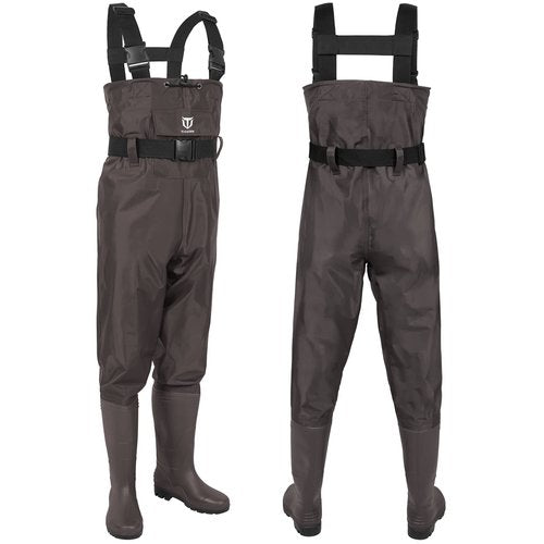 TIDEWE Bootfoot Chest Wader, 2-Ply Nylon/PVC Waterproof Fishing & Hunting Waders with Boot Hanger for Men and Women Brown Size 11