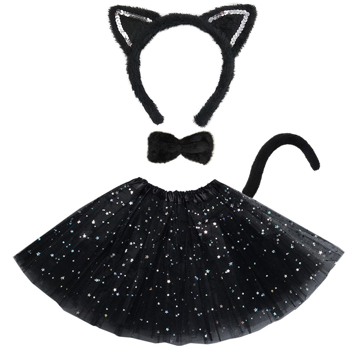 BEBAOVO Halloween Animals Cat Cosplay Costume Set - Black Cat Skirt Animals Cat Headband Bowtie and Cat Tail Cat Costume Accessories (Black Cat, One Size)