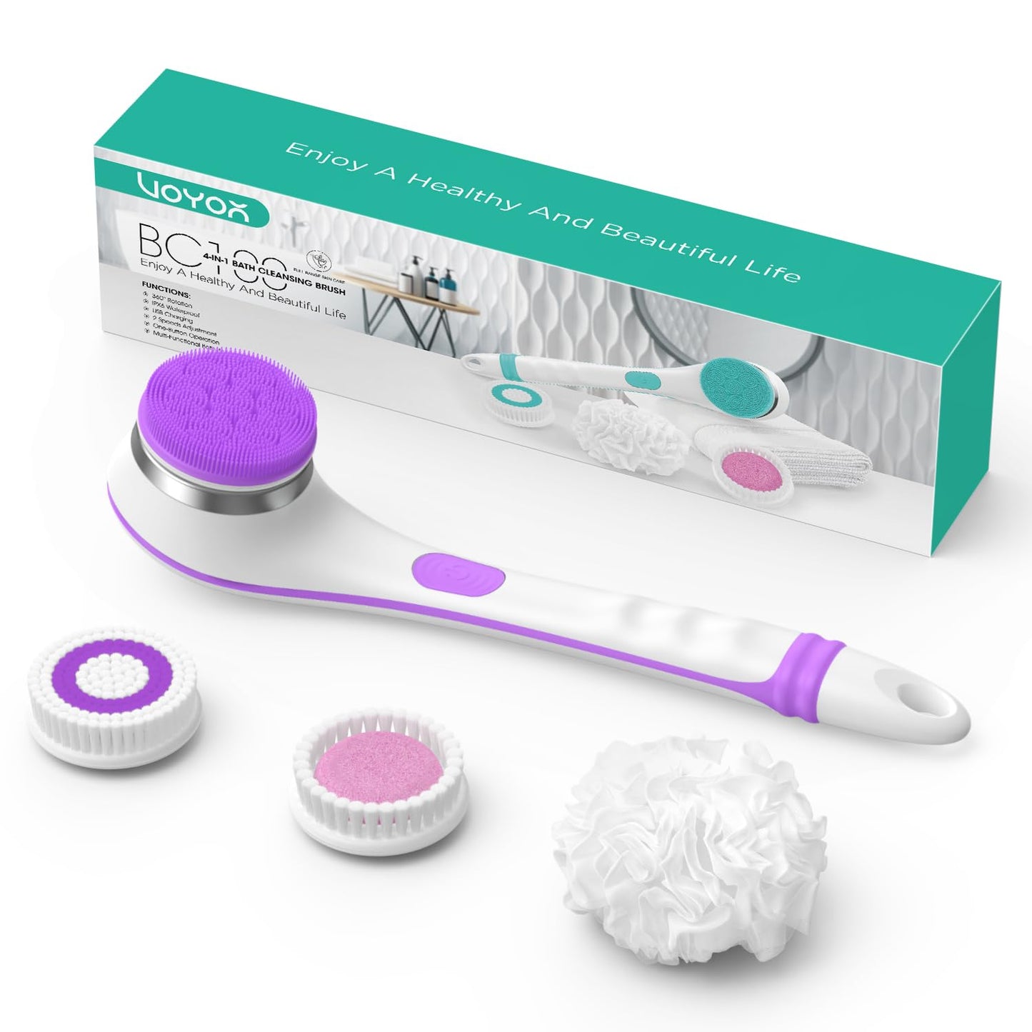 VOYOR Electric Body Brush Back Scrubber for Shower Rechargeable Exfoliating Bath Brush Powered Shower Brush with Non-Slip Long Handle Deep Cleansing, Exfoliation, Massaging Spin Brush BC100 (Purple)