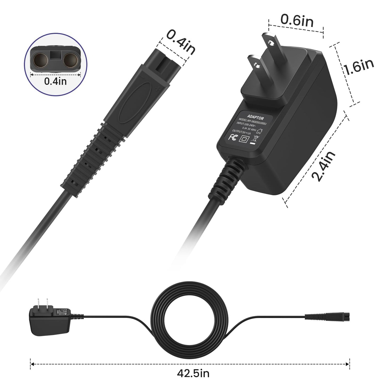 Andis 5V 1A Charger Adapter - Replacement Power Cord for 17150, 17165, TS-1 & TS-2 Foil Shavers