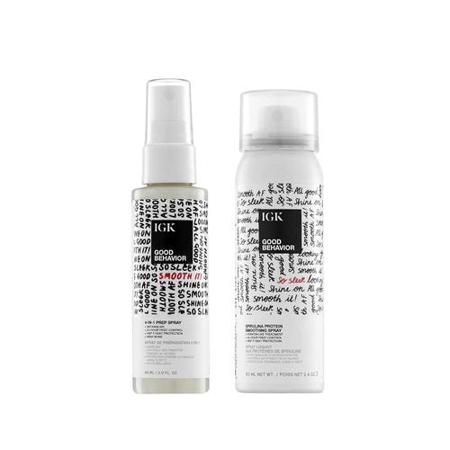 IGK GOOD BEHAVIOR Smoothing Frizz Fighters Travel Set - 4-in-1 Prep Spray & Spirulina Protein Spray | Frizz Control & Heat Protection | Vegan & Cruelty-Free