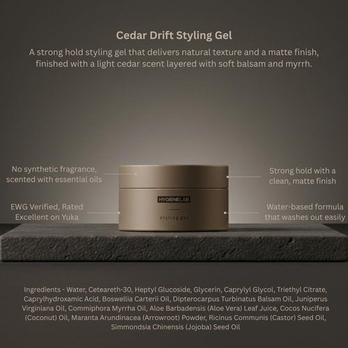 HygieneLab Men's Hair Gel - EWG Verified, Strong Hold & Matte Finish | Weightless Texture, Cedar Drift Scent
