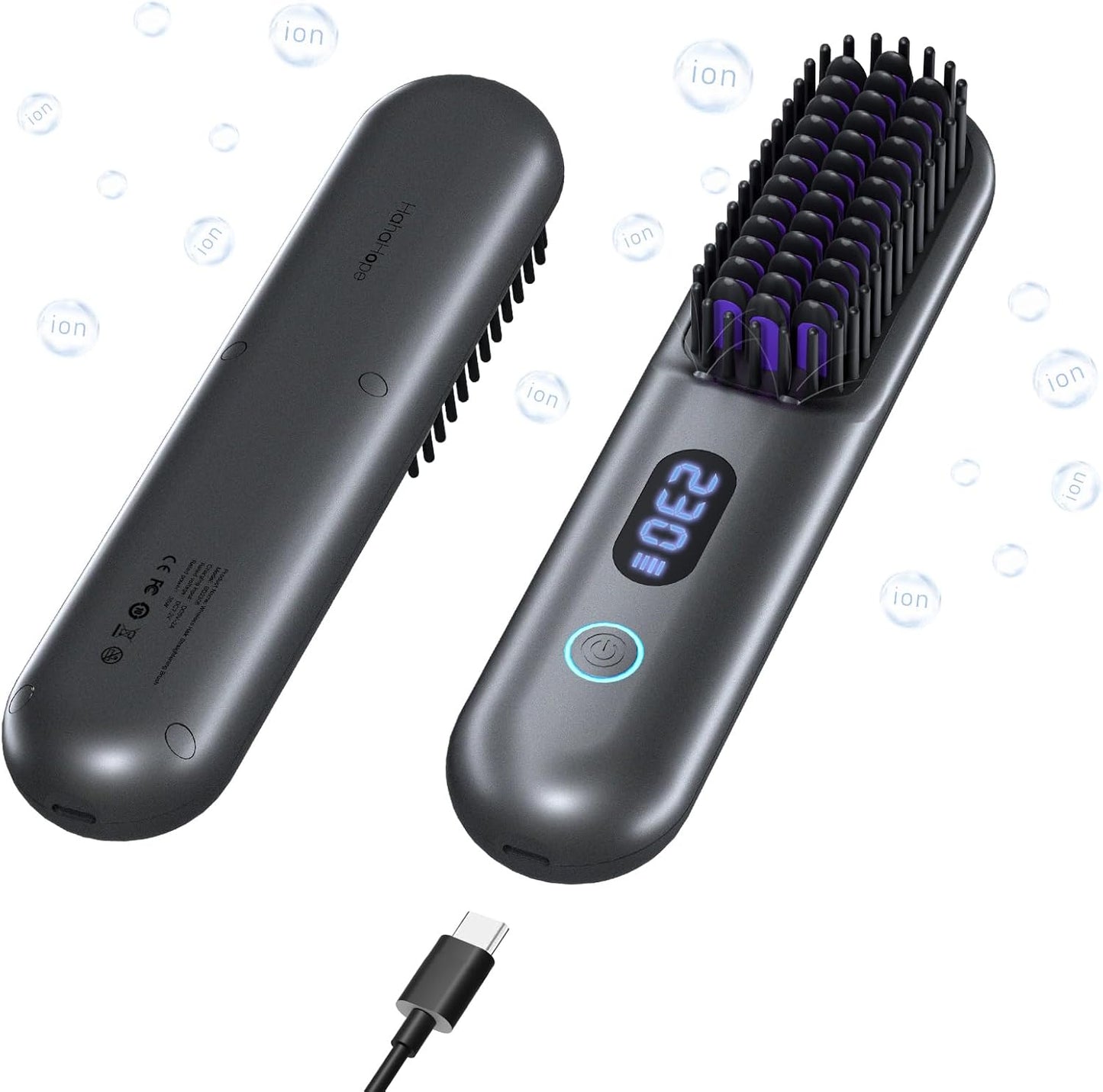 Skiennix Cordless Hair Straightener Brush - Portable 9600mAh Comb with Plasma Tech & 9 Temp Settings | LED Display (Grey)