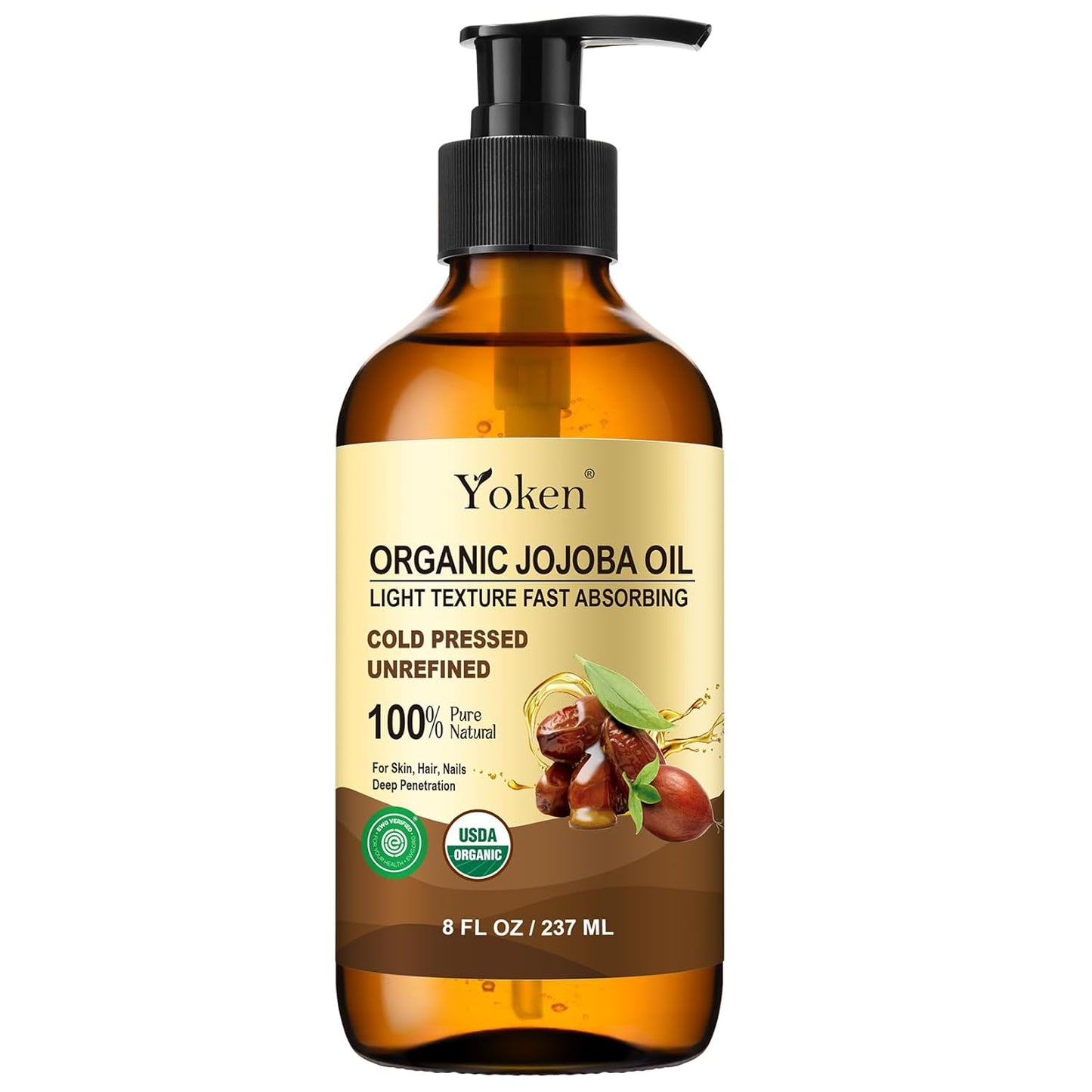 Yoken Organic Jojoba Oil - 100% Pure & Natural Cold Pressed Serum | 8 fl oz Glass Bottle for Hair, Skin & Face