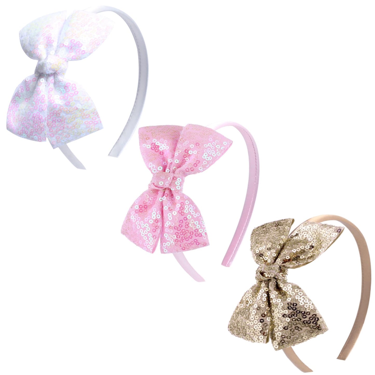 Kiszu Sparkly Sequin Hair Bow Headband for Girls, Kids, and Toddlers - Fashion Cute Boutique Style Hair Accessory - 3 Piece (White,Pink,Gold)